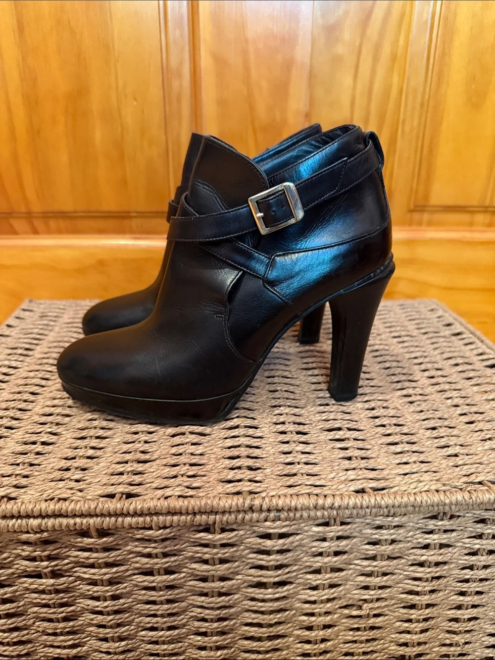 MaxMara Black Leather High-Heel Ankle Booties with Wrap Strap